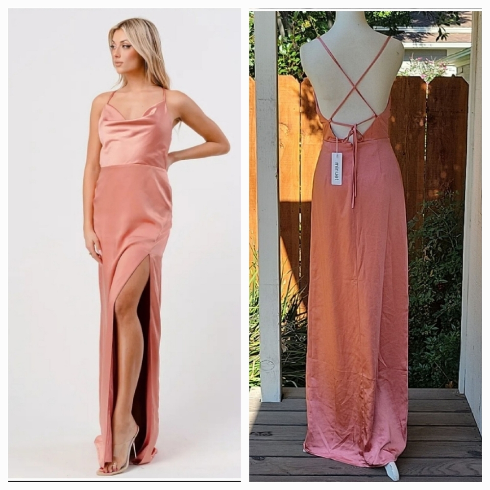 NWT Minuet Sienna Silky Satin Cowl Neck Gown with Slit